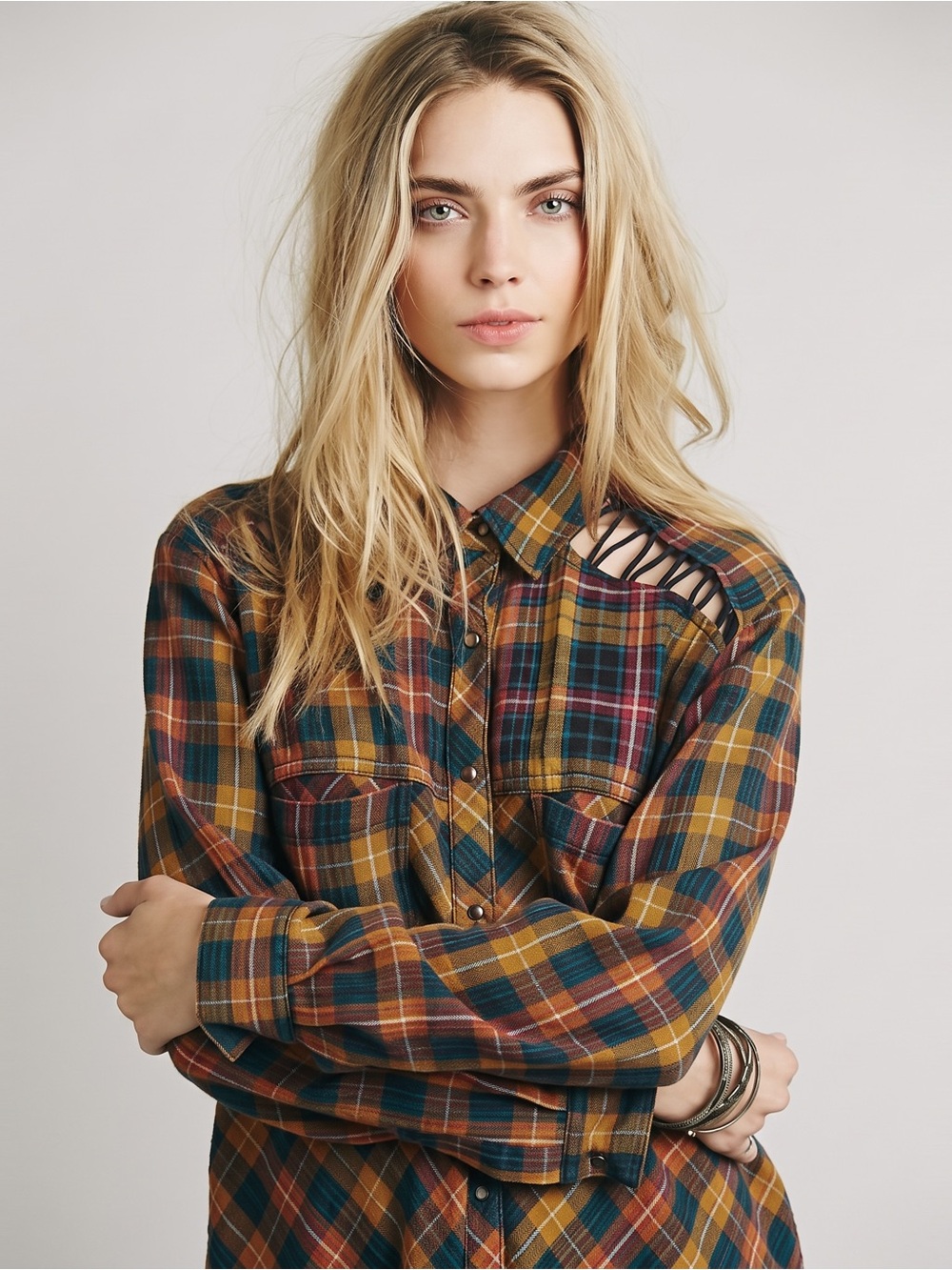FREE PEOPLE Shoulder Cutout Plaid Shirt